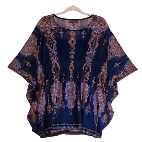 Inc International Concepts Blue Lined Blouse Sheer Paisley Overlay Medium‎ Women - Picture 2 of 15